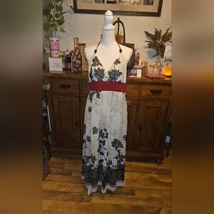 Elegant Black and White Floral Halter Dress